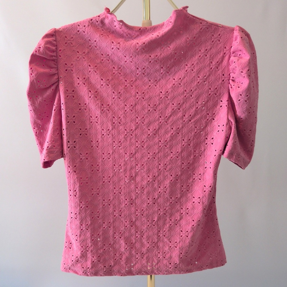Pink Puff Sleeve Eyelet XL Women's Top Ruffled Mock Neck Butterfly Lace Blouse